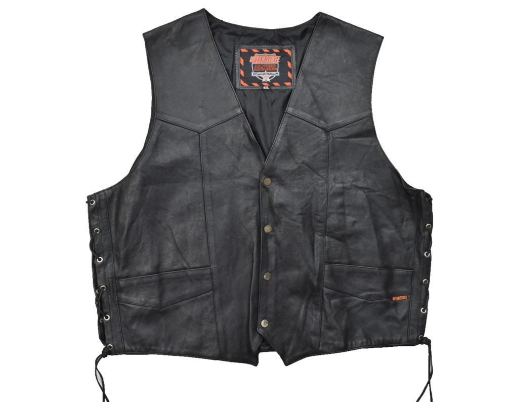 Interstate Leather Men's 4XL Black Leather Motorcycle Vest Side Lace Biker Gilet